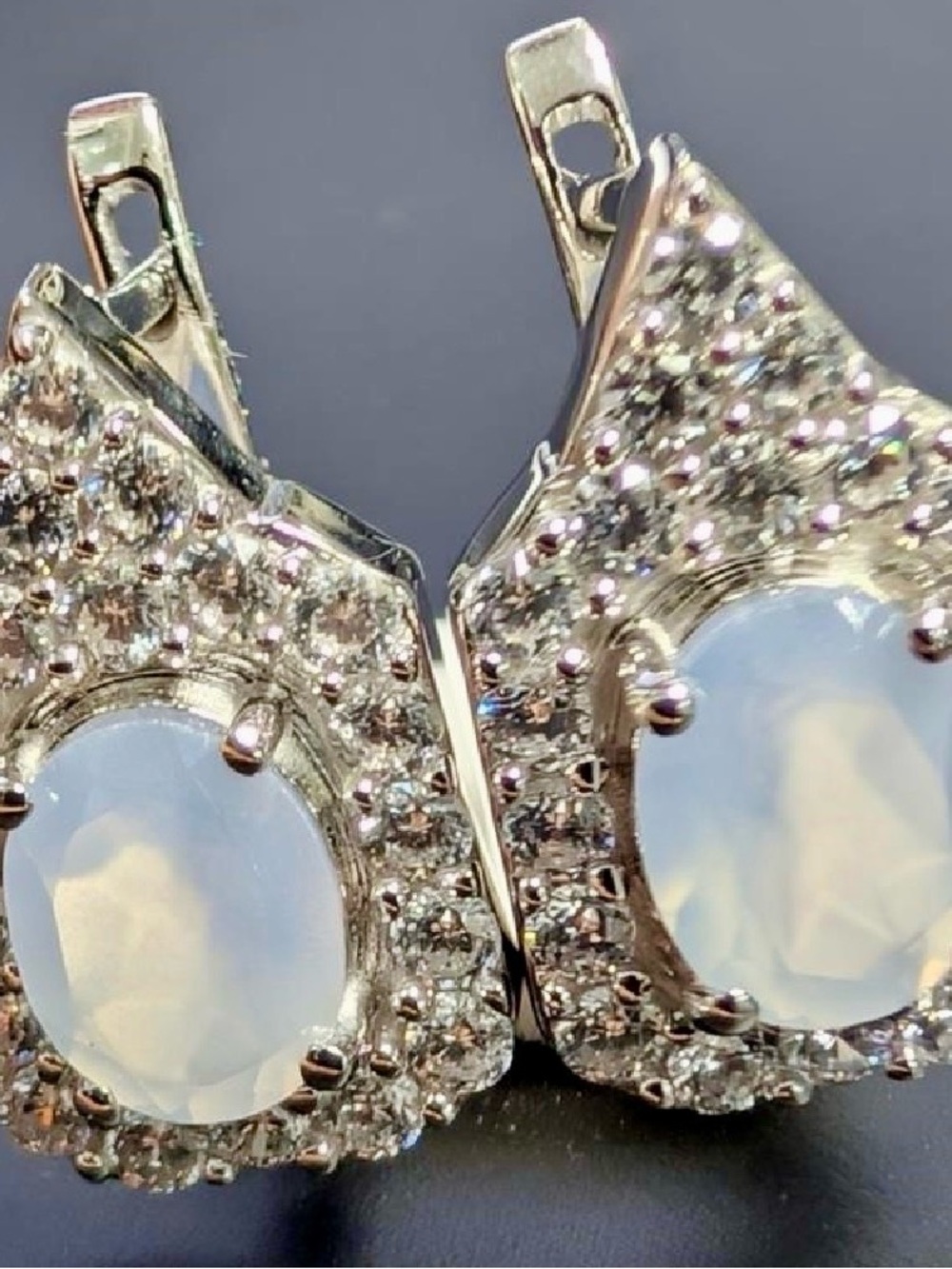 Stunning Vintage-Style Sterling Silver CZ & Milky Cabochon Center Earrings 5.6g